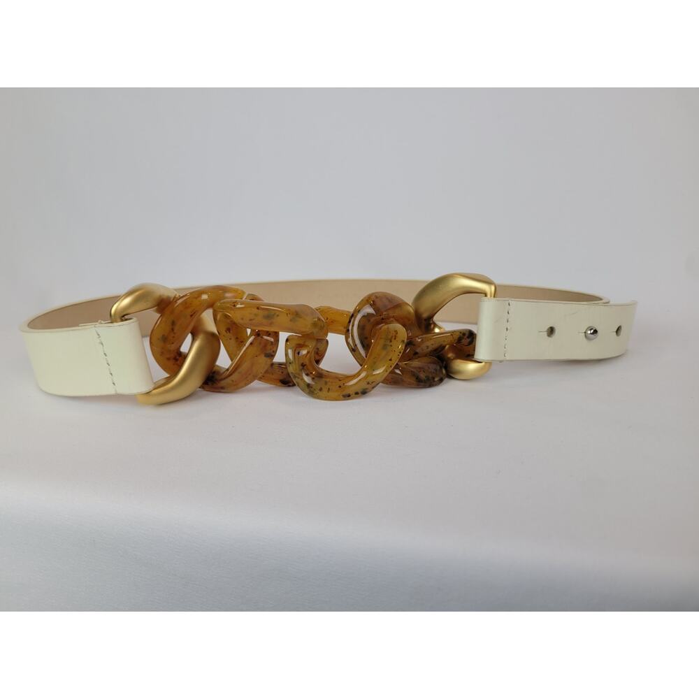 Carlisle 1980s Vintage Beige Leather Belt With Buttersctich Lucite Chain Sz M